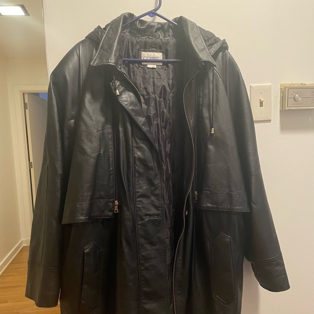 Genuine Leather jacket with thick lining and hood, Size 2X, No rips or tears.